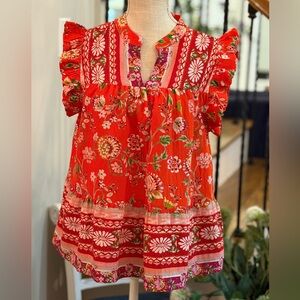 Fate Floral Short Sleeve Tunic Top. Women’s Sz-M Ruffled | Mixed Print EUC